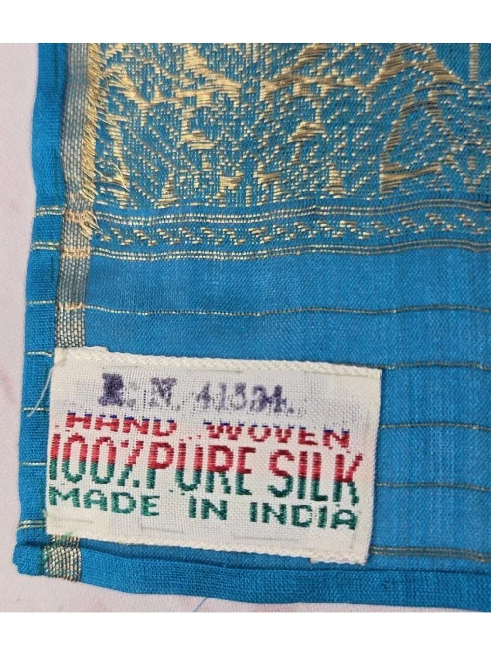 Hand Woven 100% Pure Silk TOURQOUISE GOLD Made in India Saree Scarf @ 45